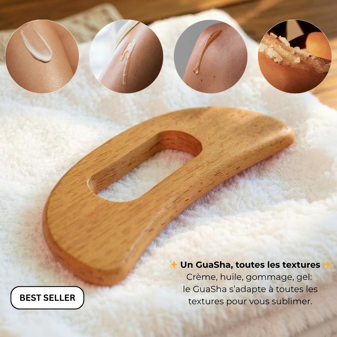 GUA SHA EN BOIS DE HETRE UTILISABLE AVEC HUILES, CREMES, GELS, GOMMAGES POUR SOIN DU CORPS ET DRAINAGE LYMPHATIQUE
