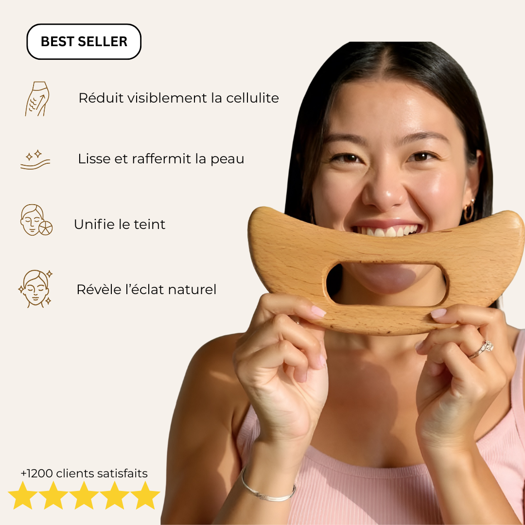 Gua sha en bois de hêtre naturel, accessoire de massage et de madérotherapie pour le corps.